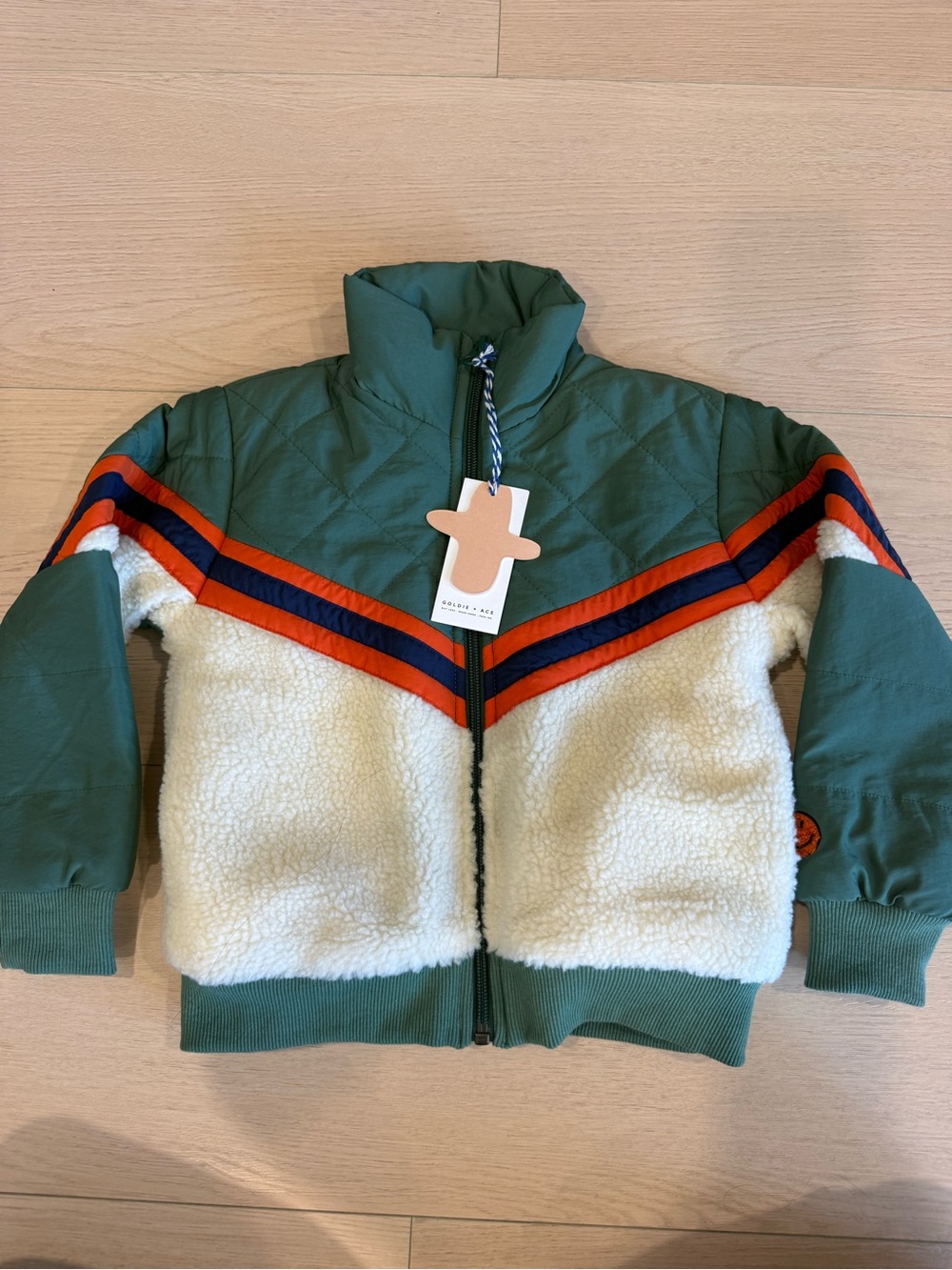 NWT Goldie + Ace Green and Cream Sherpa Puffer Jacket with Retro Stripe | 1T